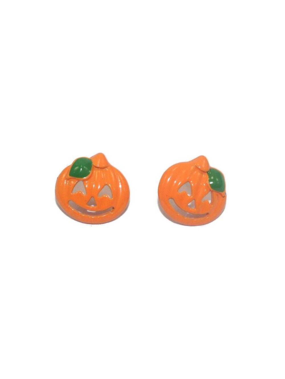 Vintage Orange and Green Enameled Jack O Lantern Halloween Stud Earrings.